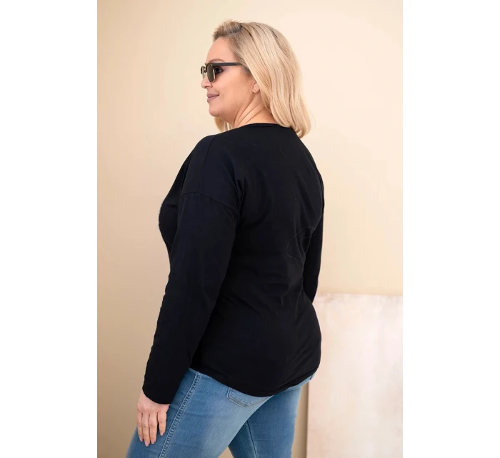 Dámska blúzka s potlačou v nadmernej veľkosti s dlhším zadným dielom čierna