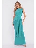M913 Drapované maxi šaty so zopnutým pásom a panelom - tyrkysové