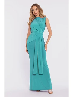 M913 Drapované maxi šaty so zopnutým pásom a panelom - tyrkysové