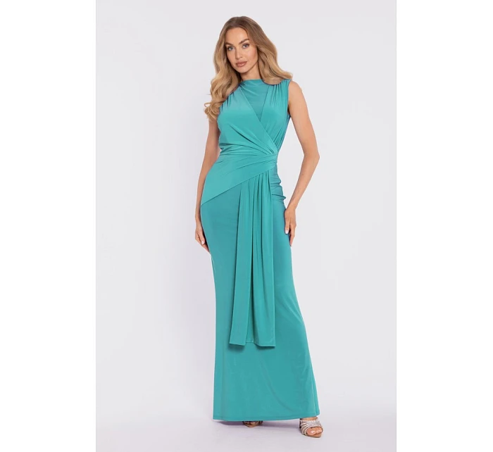 M913 Drapované maxi šaty so zopnutým pásom a panelom - tyrkysové
