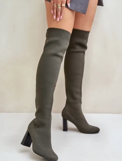 Kozaki Ze Skarpetkową Cholewką Za Kolano Na Słupku Ciemnozielone Esanira