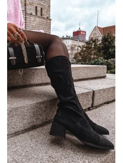 Kozaki Damskie Ze Zdobieniem Na Klocku Eko Zamszowe Czarne Ivanna