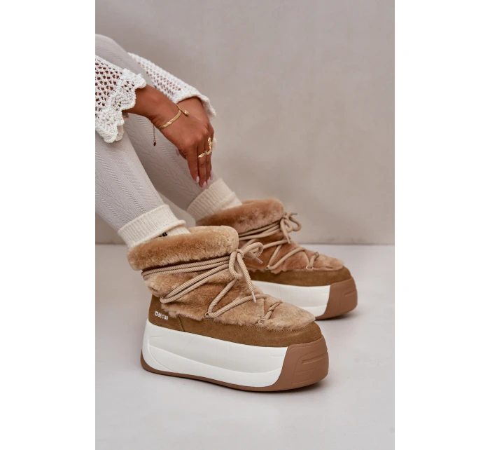 Skórzane Śniegowce Damskie Na Grubej Podeszwie Z Futerkiem Big Star OO274A207 Brązowe Skórzane Śniegowce Damskie Na Grubej Podeszwie Z Futerkiem Big Star OO274A207 Brązowe
