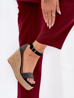 Sandały Damskie Na Koturnie Z Plecionką Czarne Adelio