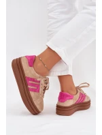 Sneakersy Damskie Na Platformie Z Naturalnego Zamszu Beżowo-Różowe Eldira