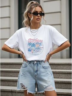 Dámske tričko oversize s letným potlačou, biele, FashionStreet NX9005RY