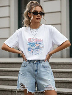 Dámske tričko oversize s letným potlačou, biele, FashionStreet NX9005RY