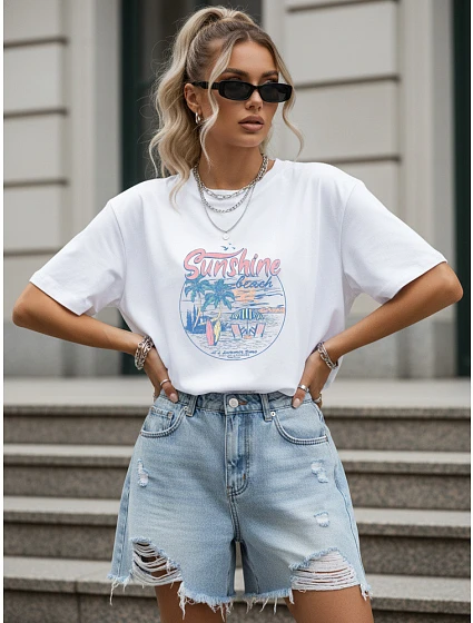 Dámske tričko oversize s letným potlačou, biele, FashionStreet NX9005RY
