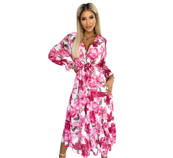 436-1 VALENTINA Midi šaty s výstrihom a opaskom - RUŽOVÉ ruže na bielom pozadí