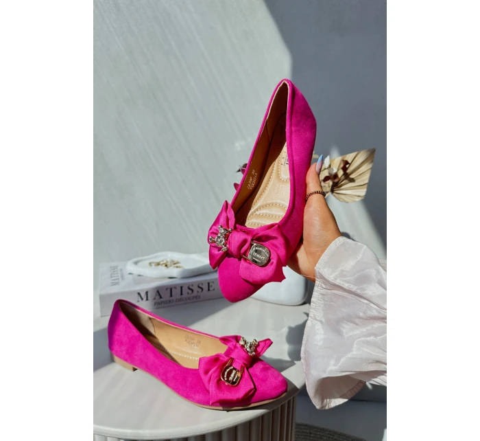 Damskie Eko Zamszowe Baleriny Z Kokardą I Broszką Fuksja Satris