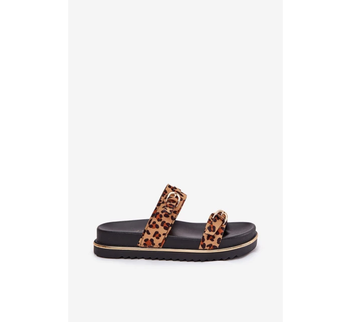 Klapki Damskie w Panterkę Na Platformie Z Paskami I Klamrami Brązowe Ziferte Klapki Damskie w Panterkę Na Platformie Z Paskami I Klamrami Brązowe Ziferte