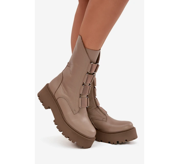 Botki Damskie Z Naturalnej Skóry Na Platformie Zazoo 3795 Beżowe