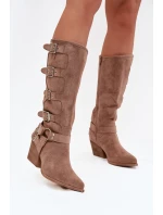 Dámske kovbojské čižmy na podpätku s prackami Fivelle - tmavo béžové Dámske kovbojské čižmy na podpätku s prackami Fivelle - tmavo béžové