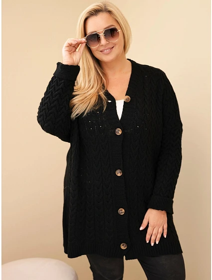 Dámský kardigan Plus Size s knoflíky a copovým vzorem černý Dámský kardigan Plus Size s knoflíky a copovým vzorem černý