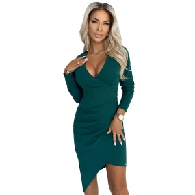Zelené dámské asymetrické šaty s dlouhými rukávy, výstřihem a model 20557909 - numoco