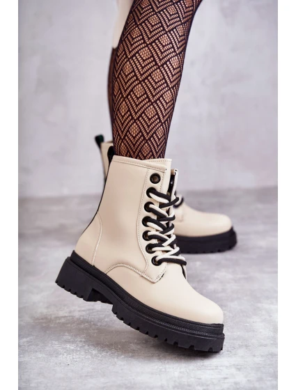 Damskie Skórzane Botki Workery Jasnobeżowe Denila