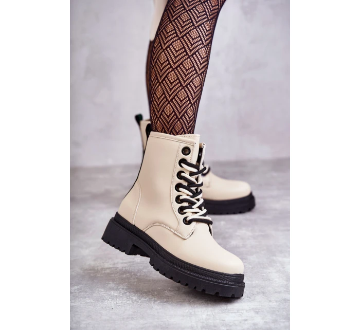 Damskie Skórzane Botki Workery Jasnobeżowe Denila