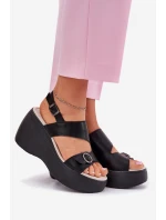 Skórzane Sandały Damskie Na Koturnie I Platformie S.Barski LR51-540 Czarne