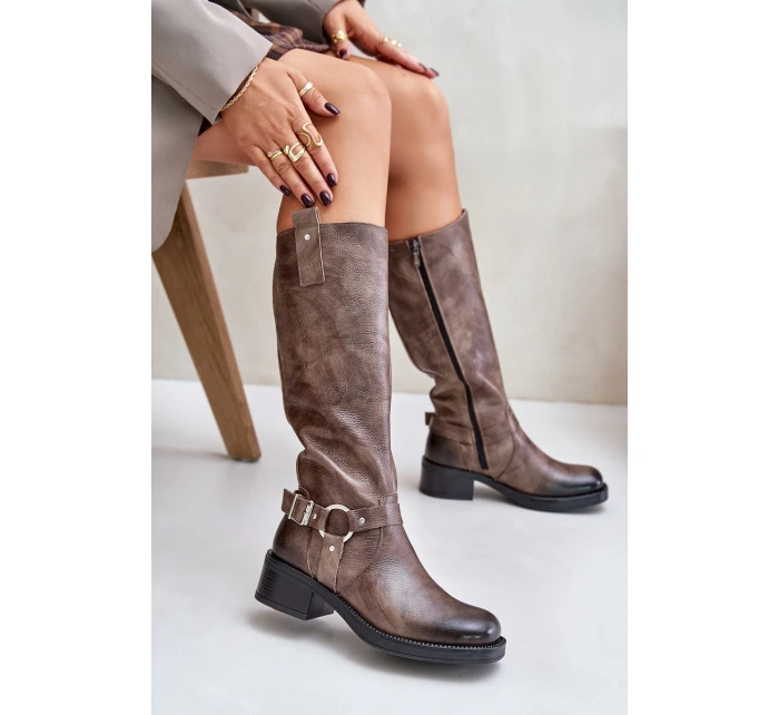 Zazoo 70141 Skórzane Kozaki Damskie Przed Kolano Brązowe