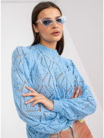Modrý ažurový klasický sveter s dlhými rukávmi RUE PARIS