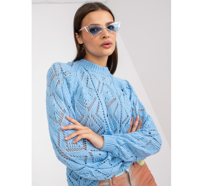 Modrý ažurový klasický sveter s dlhými rukávmi RUE PARIS