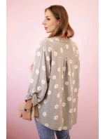 Dámska ľanová blúzka s kvetinovým vzorom, dlhými rukávmi a gombíkmi s kapucňou