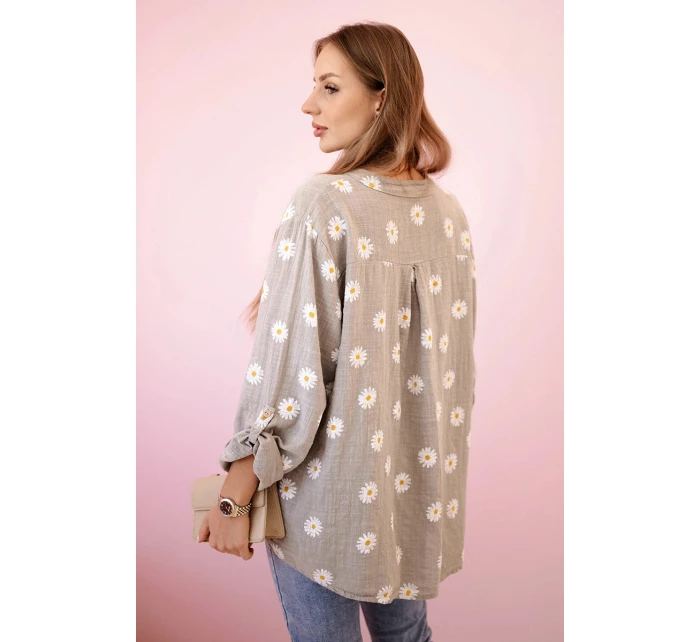 Dámska ľanová blúzka s kvetinovým vzorom, dlhými rukávmi a gombíkmi s kapucňou