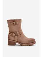 Botki Damskie Na Niskim Obcasie Z Klamrami Ciemnobeżowe Zudra