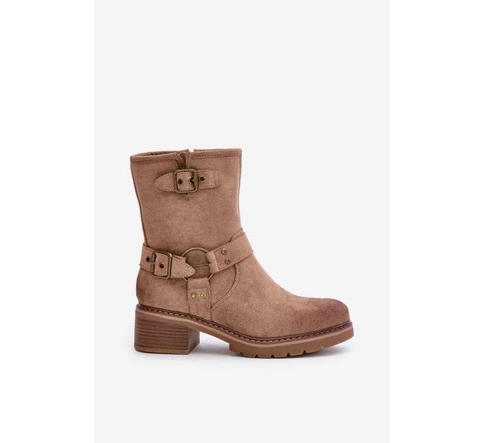 Botki Damskie Na Niskim Obcasie Z Klamrami Ciemnobeżowe Zudra