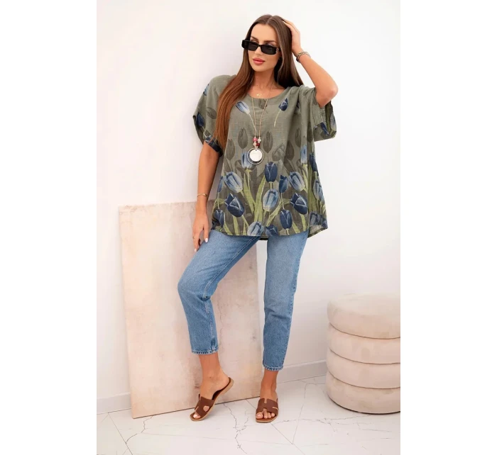 Dámske bavlnené tričko s kvetinovým vzorom khaki Dámske bavlnené tričko s kvetinovým vzorom khaki