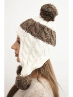 Dámska zimná vlnená čiapka s bambuľkami a ušnými klapkami K447 ecru + mocca