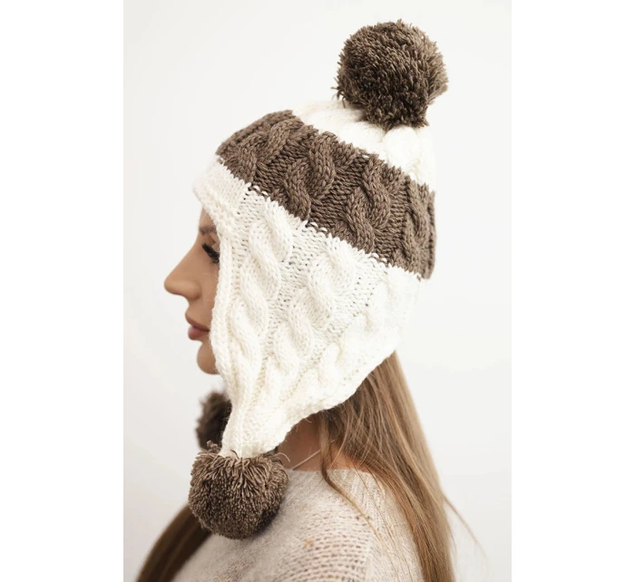 Dámska zimná vlnená čiapka s bambuľkami a ušnými klapkami K447 ecru + mocca