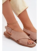 Kožené semišové dámské sandály na plochém podpatku D&A JC61-1001 Béžové