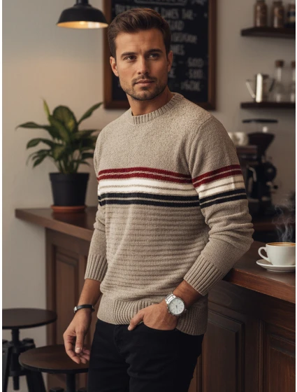 Pánsky pruhovaný sveter svetlohnedý FashionStreet WX2282