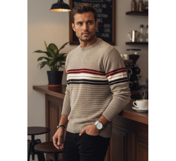 Pánsky pruhovaný sveter svetlohnedý FashionStreet WX2282