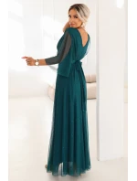 654-1 Dlhé lesklé plus size šaty s výstrihom a priehľadnými rukávmi - fľaškovo zelené 654-1 Dlhé lesklé plus size šaty s výstrihom a priehľadnými rukávmi - fľaškovo zelené