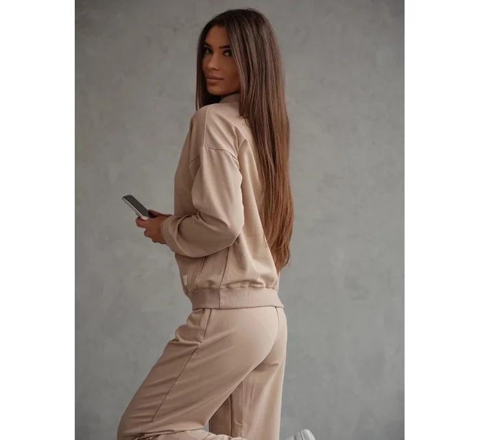 Béžová dámska tepláková súprava - mikina so stojačikom a nohavice (82162)