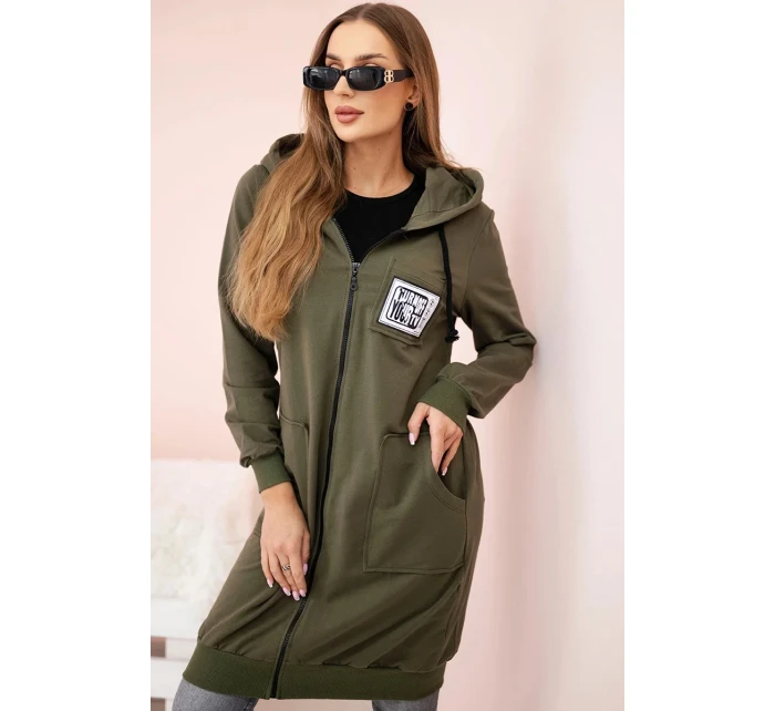 Dámská delší mikina s kapucí a zipem khaki