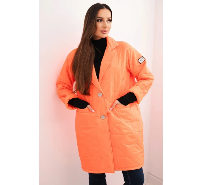 Dámske Plus veľkosť prešívaná bunda s ozdobnými gombíkmi a golierom Neon Orange Dámske Plus veľkosť prešívaná bunda s ozdobnými gombíkmi a golierom Neon Orange