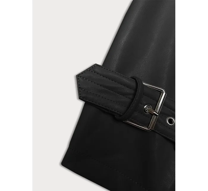 Volný černý dámský kabát z ekologické kůže model 19035395 - J.STYLE