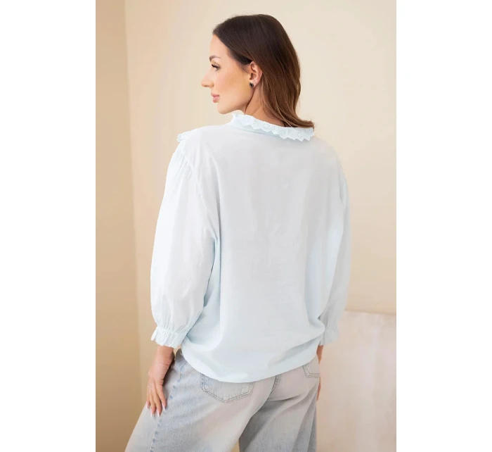 Dámske bavlnené tričko s čipkou a kravatami modré