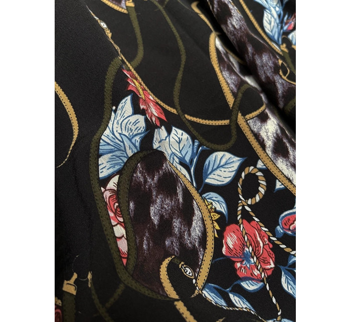Dámske čierne kvetinové plisované šaty s golierom (Z-56)