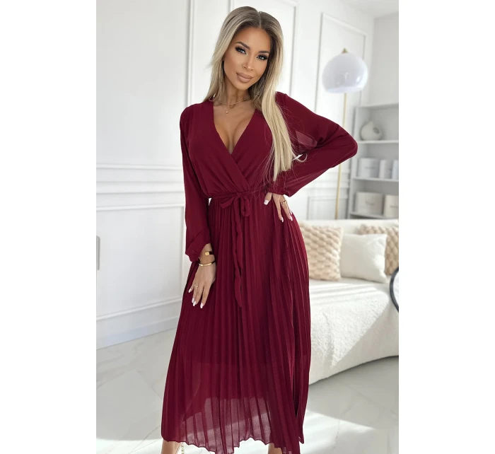 537-1 Plisované šifónové šaty s výstrihom, dlhými rukávmi a viazaným opaskom - Bordeaux 537-1 Plisované šifónové šaty s výstrihom, dlhými rukávmi a viazaným opaskom - Bordeaux
