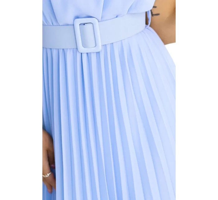 465-4 MIA Plisované šifónové midi šaty so širokým opaskom - MODRÉ 465-4 MIA Plisované šifónové midi šaty so širokým opaskom - MODRÉ
