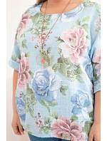 Dámská bavlněná halenka Plus Size s krátkým rukávem a květinovým vzorem modrá Dámská bavlněná halenka Plus Size s krátkým rukávem a květinovým vzorem modrá