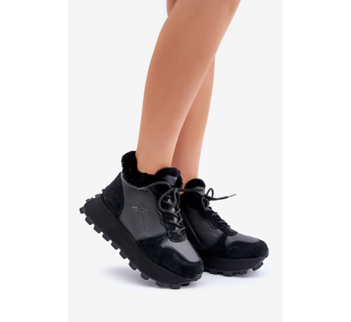Skórzane Sneakersy Trapery Damskie Z Futerkiem Na Platformie Big Star OO274A329 Czarne Skórzane Sneakersy Trapery Damskie Z Futerkiem Na Platformie Big Star OO274A329 Czarne