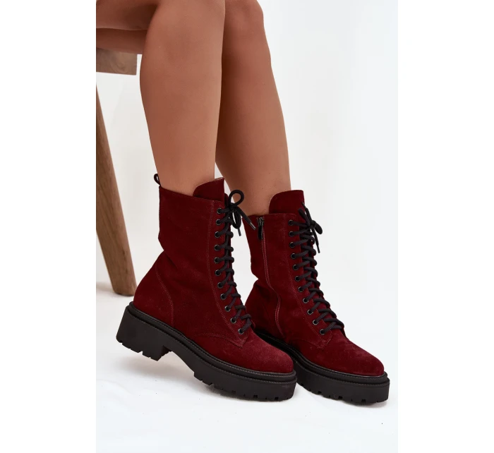 Botki Workery Damskie Z Naturalnego Zamsz Ocieplane Zazoo 4213 Bordowe