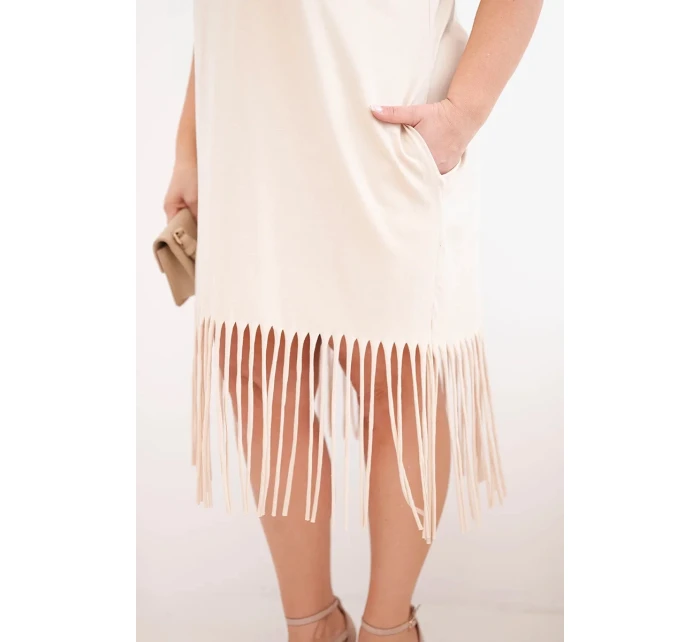 Dámské bavlněné šaty s výstřihem do V a třásněmi dole béžová