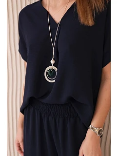 Súprava s náhrdelníkom blúzka + nohavice tmavomodrá