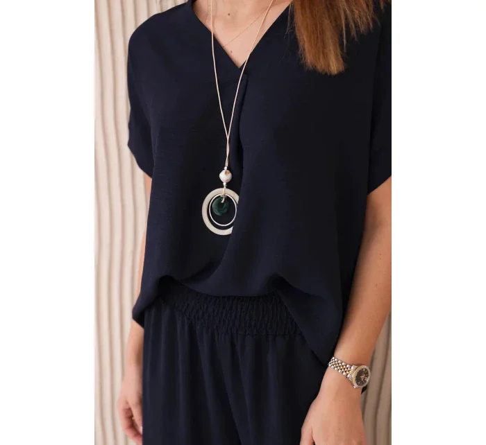 Súprava s náhrdelníkom blúzka + nohavice tmavomodrá